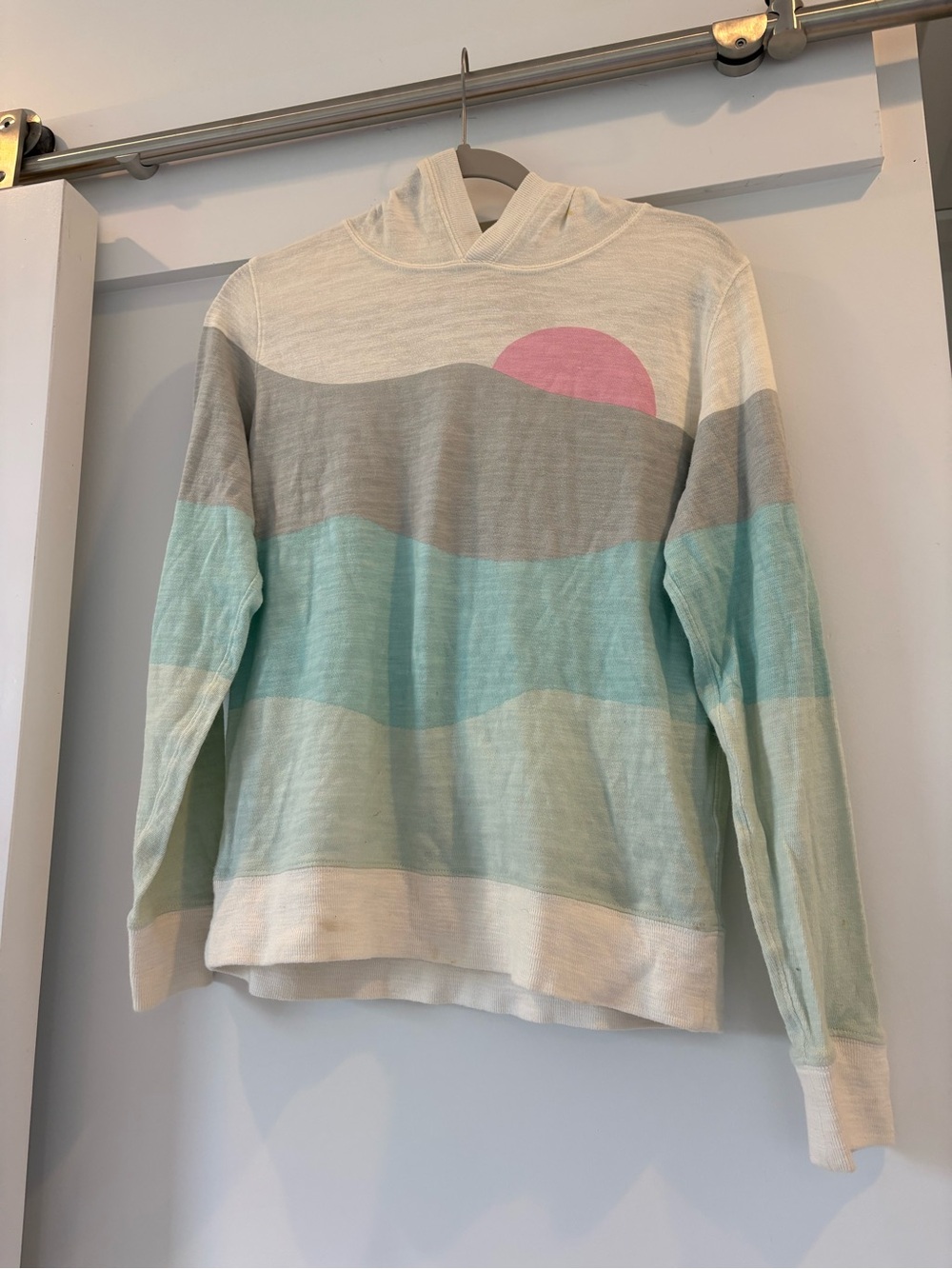 Marine Layer Mint, Cream & Gray Striped Hoodie with Pink Sun